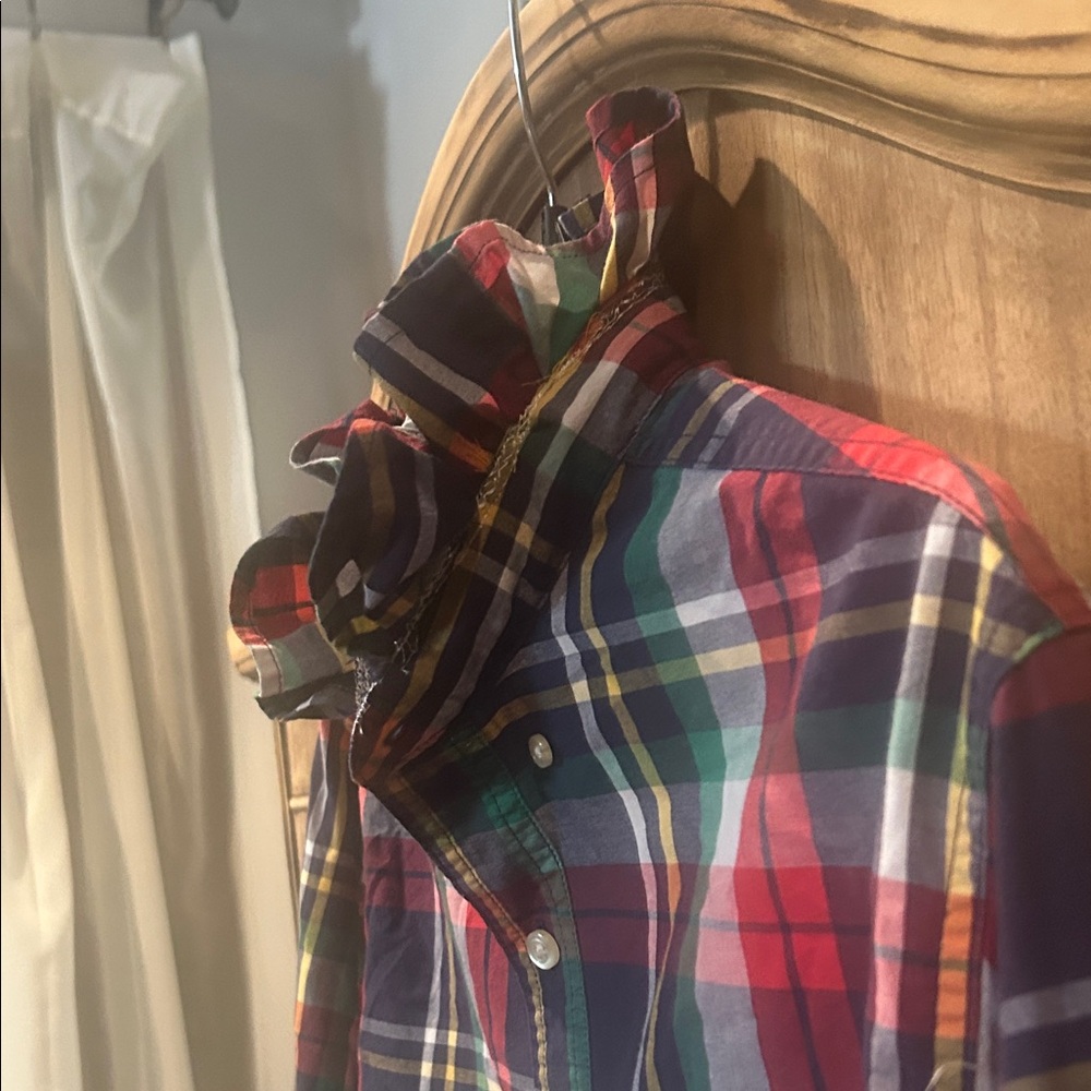 Chaps Ruffle Collar Multicolor Plaid Button Down … - image 7